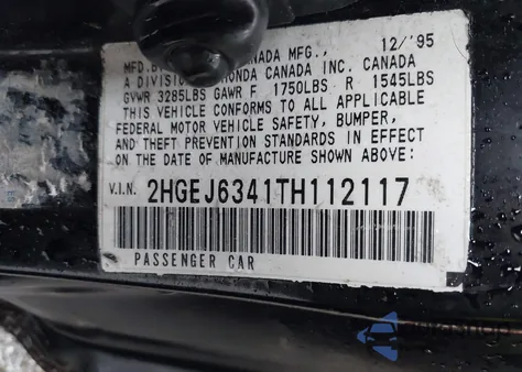 1996 Honda Civic Dx z USA, uszkodzony, nr VIN 2HGEJ6341TH112117